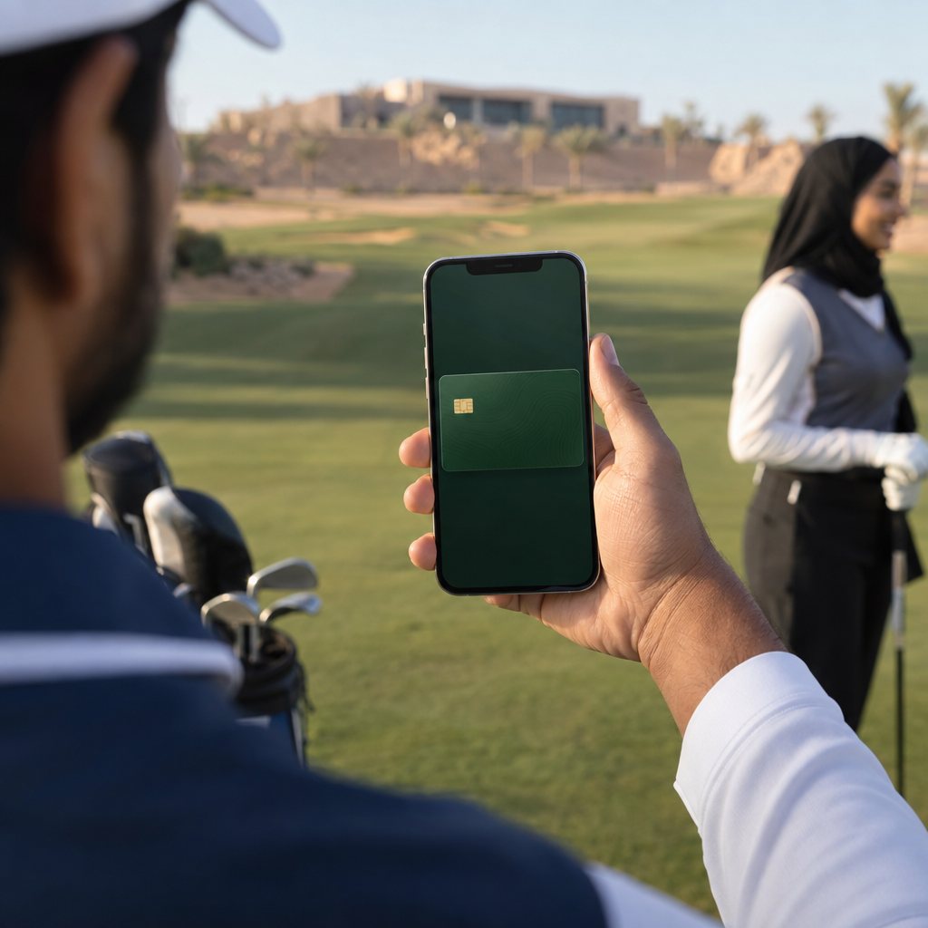 Golfer holding a phone showing a digital National Golf ID card
