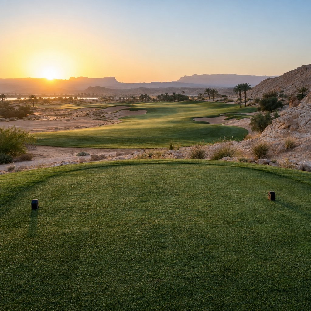 First tee of a desert golf course at sunrise