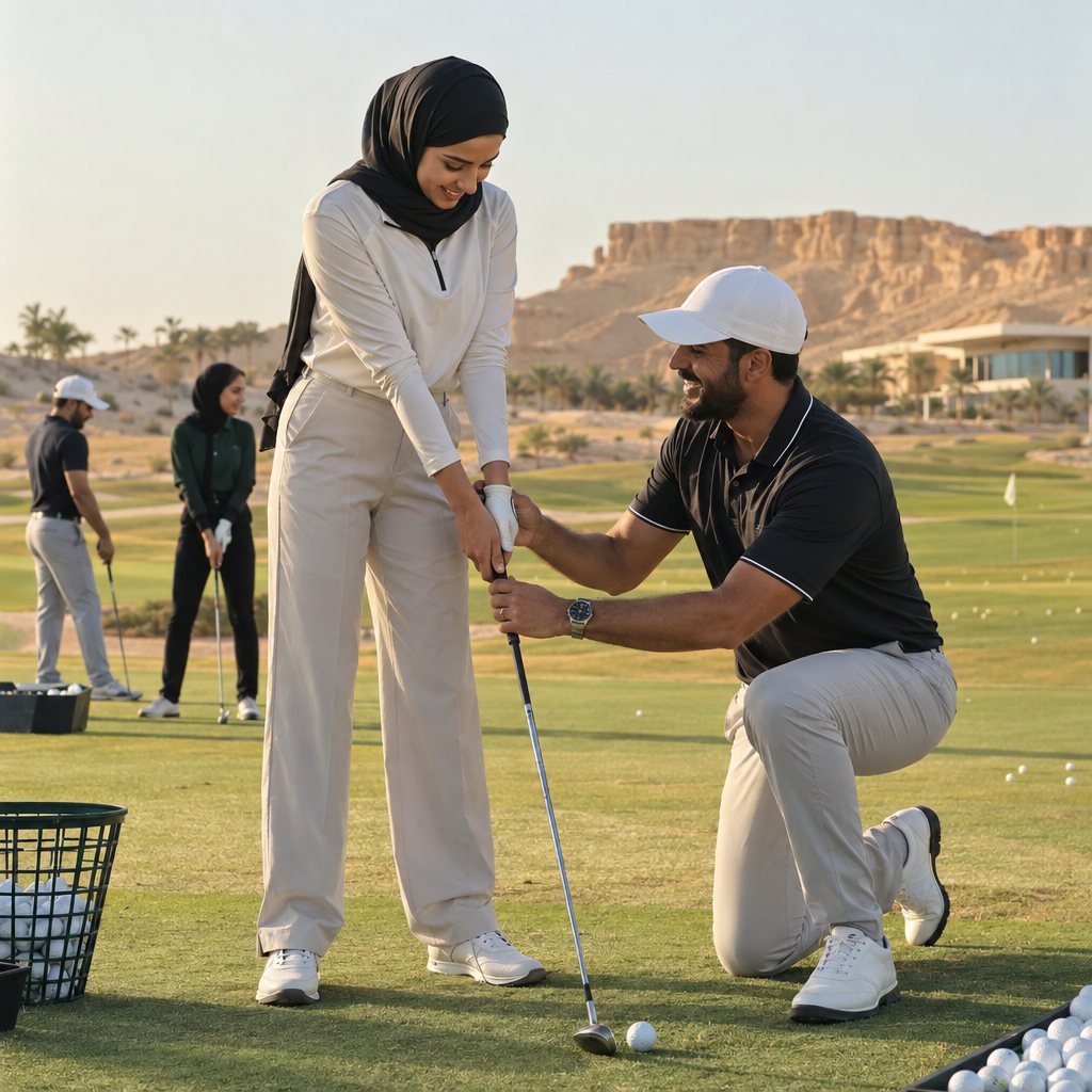 Coach guiding a beginner's swing on a practice range