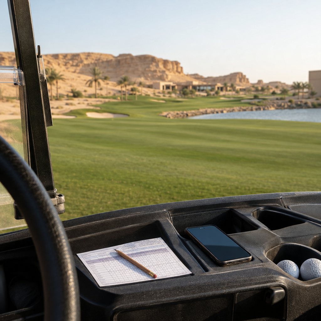 Scorecard and phone on a golf cart dashboard