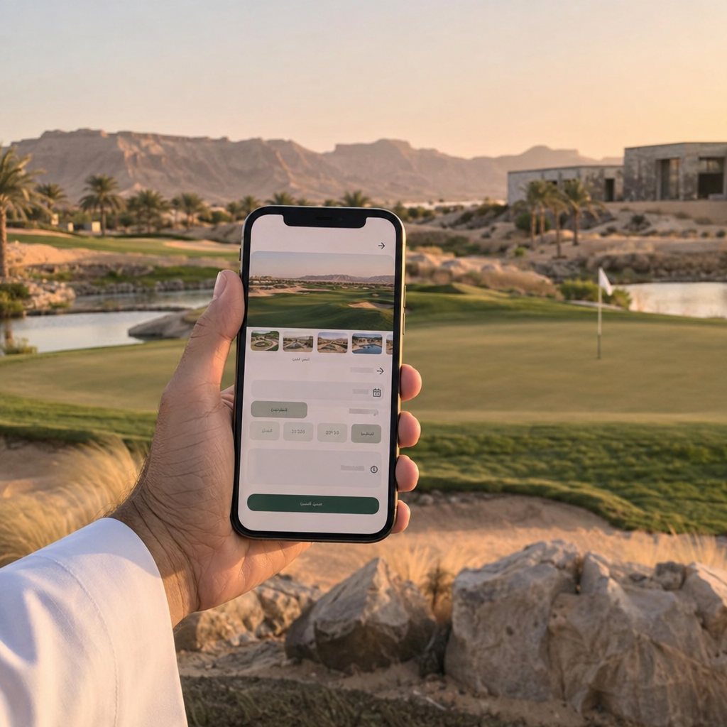Phone screen with an Arabic golf booking interface