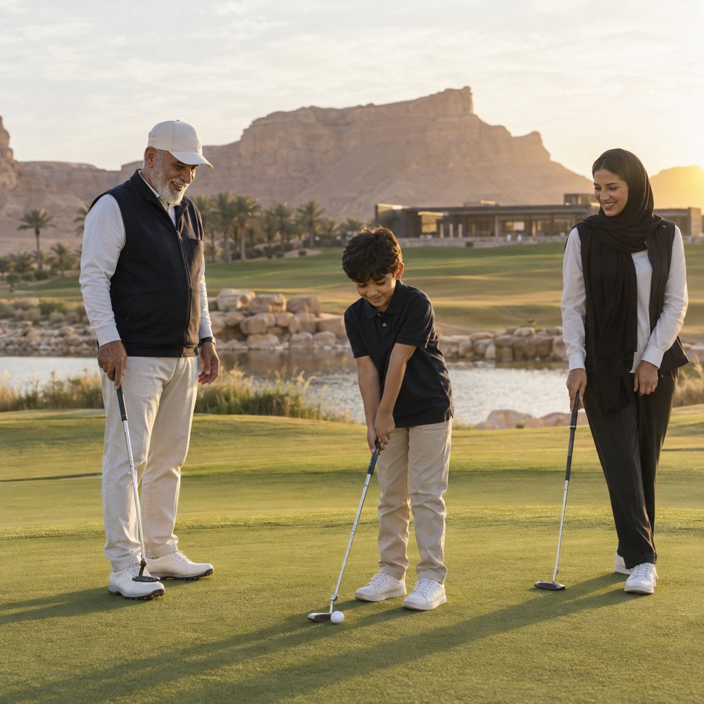 Family on a putting green