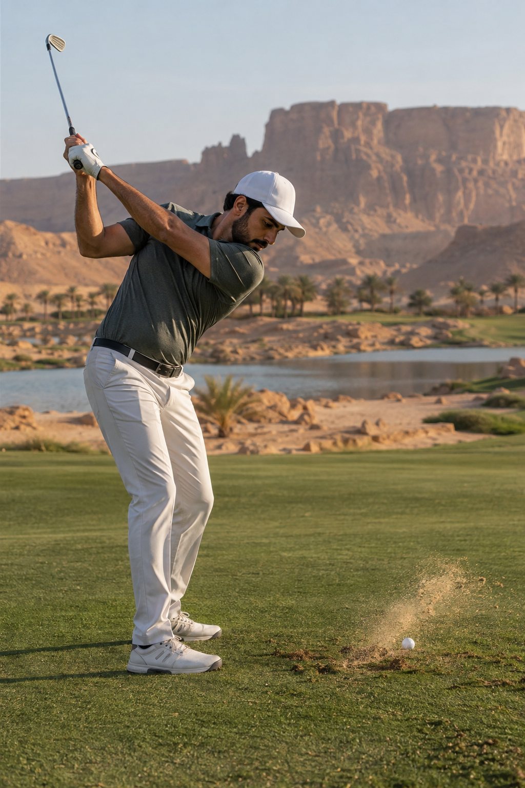 Young golfer mid-swing on a desert course, dust catching the light