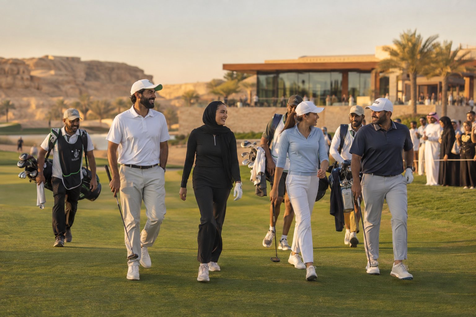 Players walking up the eighteenth fairway during a First Swing event