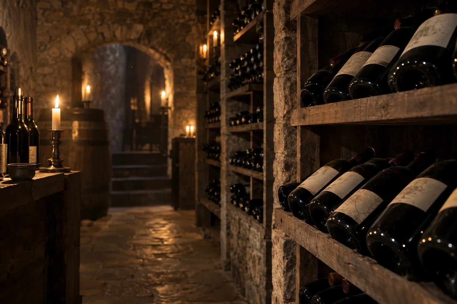 Bottles resting in the cool of the cellar