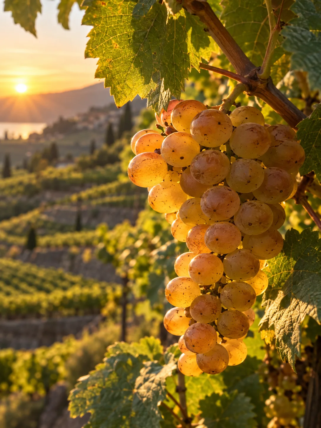 Close-up of golden grapes on the vine in warm sunlight