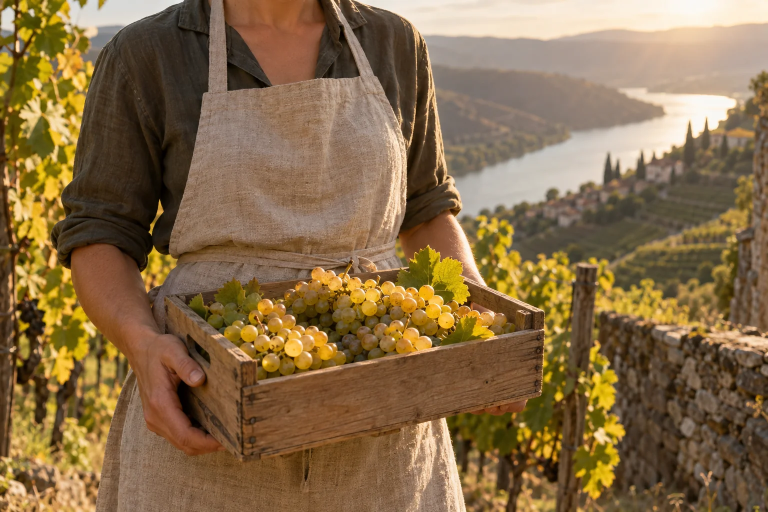A harvester in a linen apron holding a crate of golden grapes