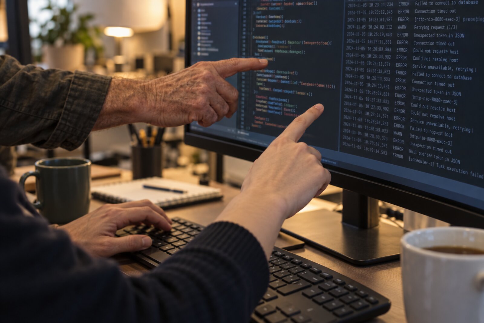 Two pairs of hands, one experienced and one younger, pointing at the same error log on a monitor