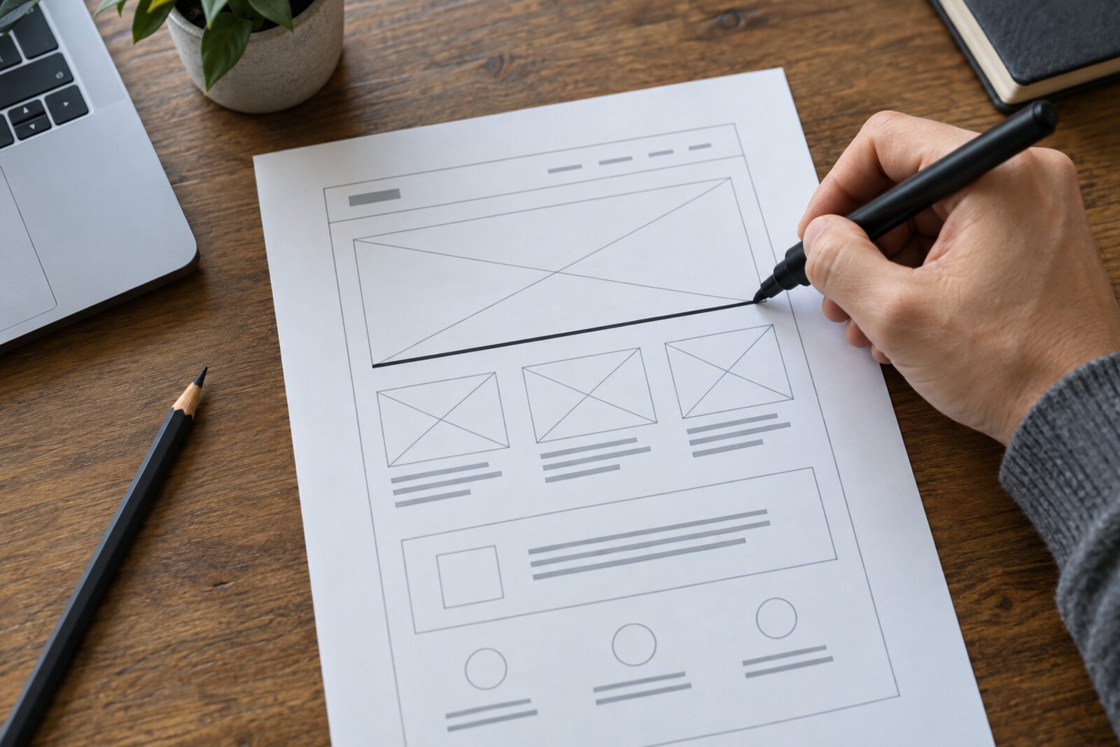 A hand drawing a firm line across a printed website wireframe