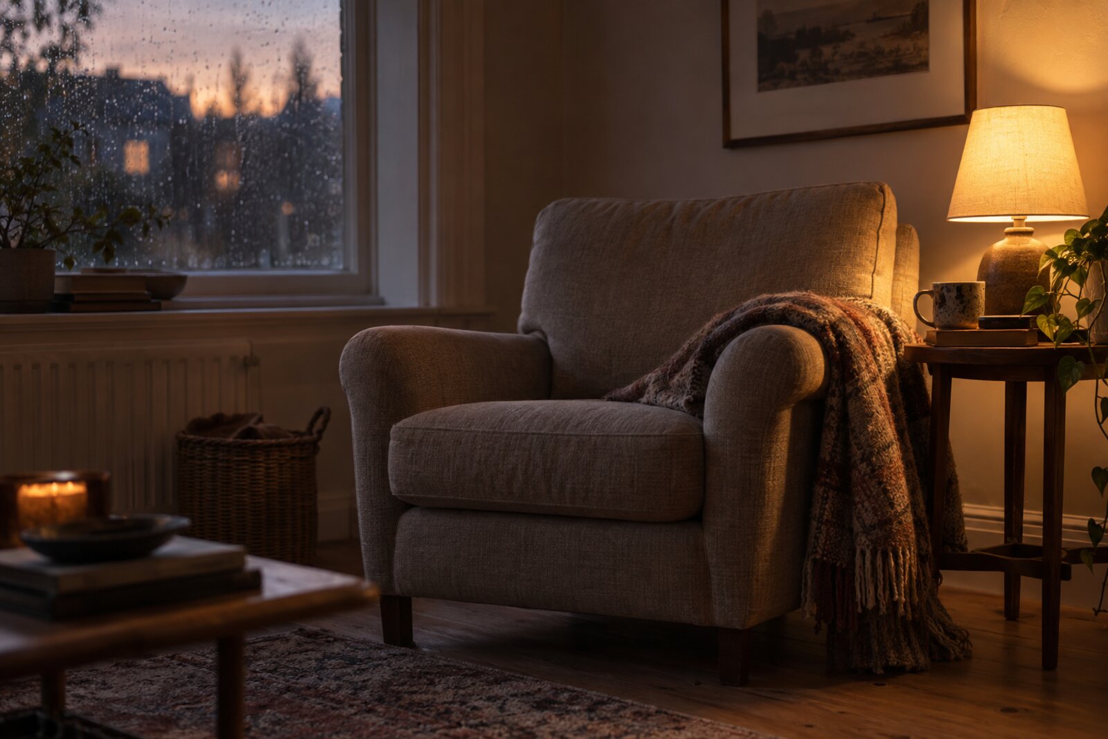 An empty armchair with a folded blanket beside a warm lamp