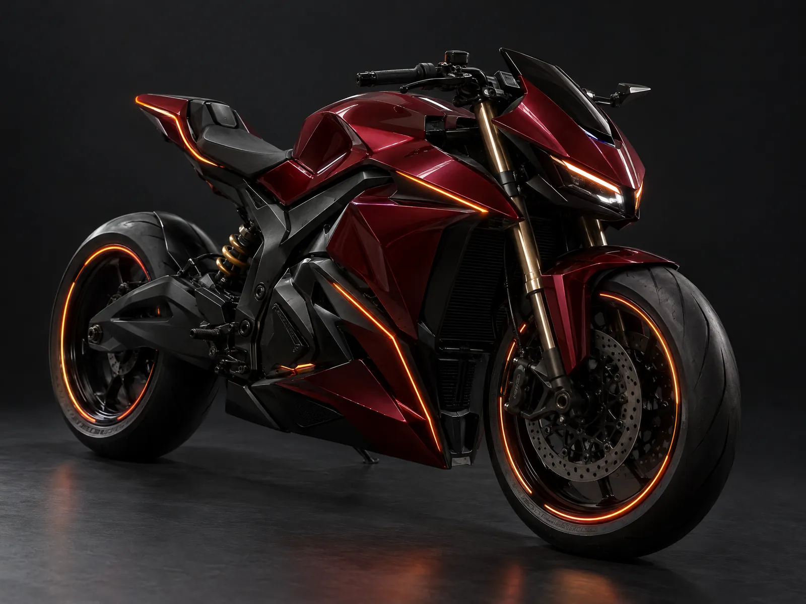 FERAL RVX, burgundy metallic streetfighter concept motorcycle with glowing ember-orange accents