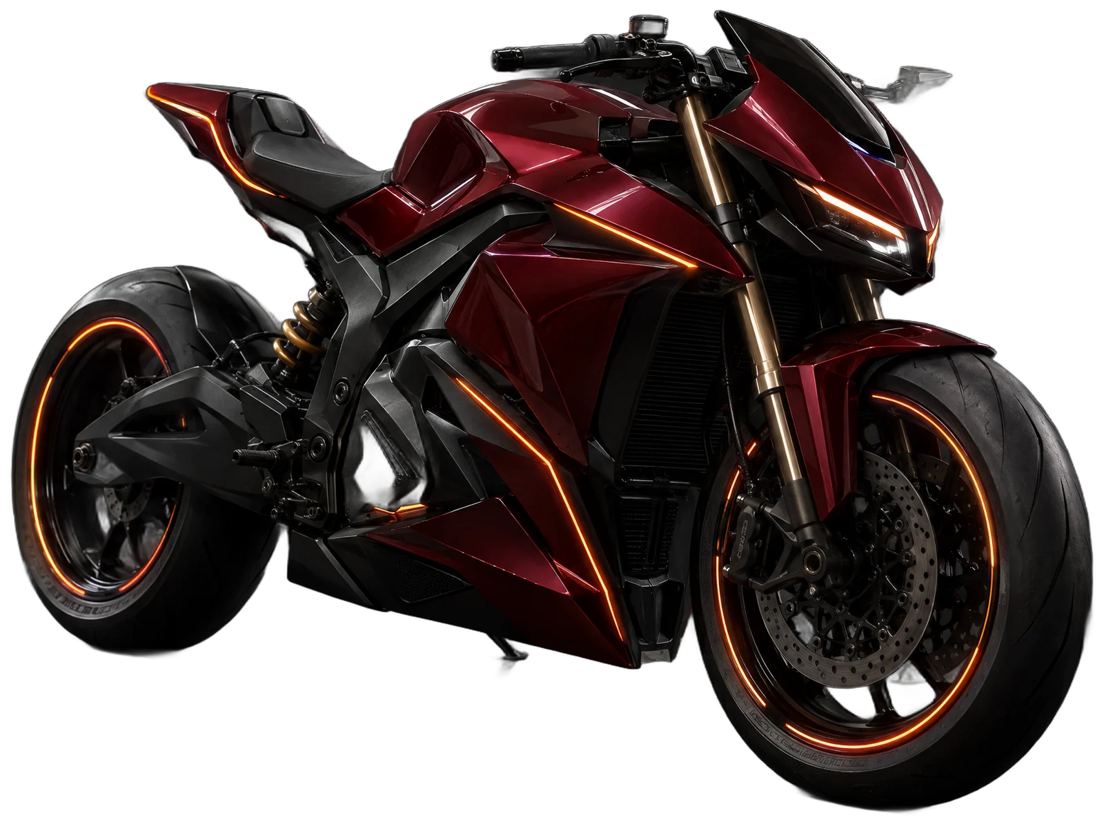 FERAL RVX, crimson streetfighter electric motorcycle with glowing ember-orange light lines